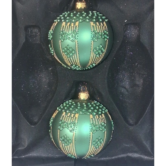 Department 56 Other - 2 Vintage Dept 56 Poland Glass Ornaments Green Gold Glitter Embellished Elegant